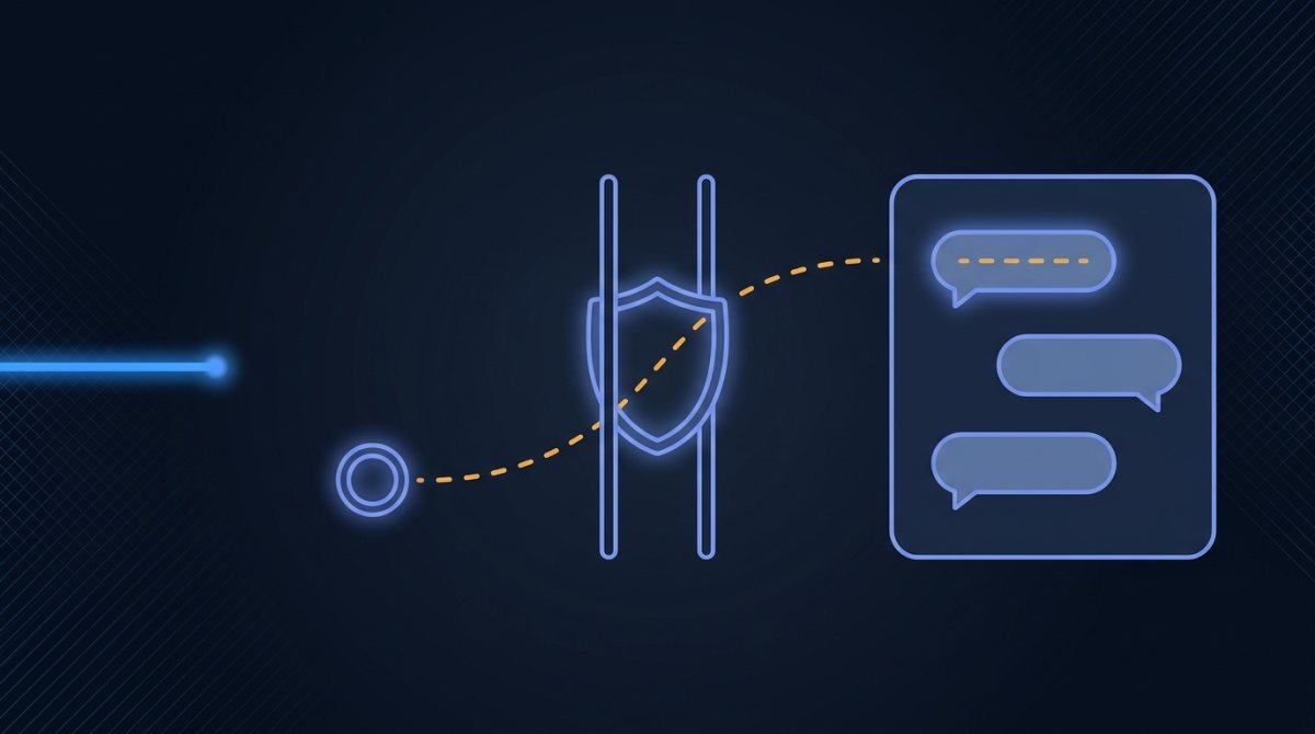 A code travelling as a dashed path from a number ring, past a shield-shaped checkpoint gate, into a chat panel