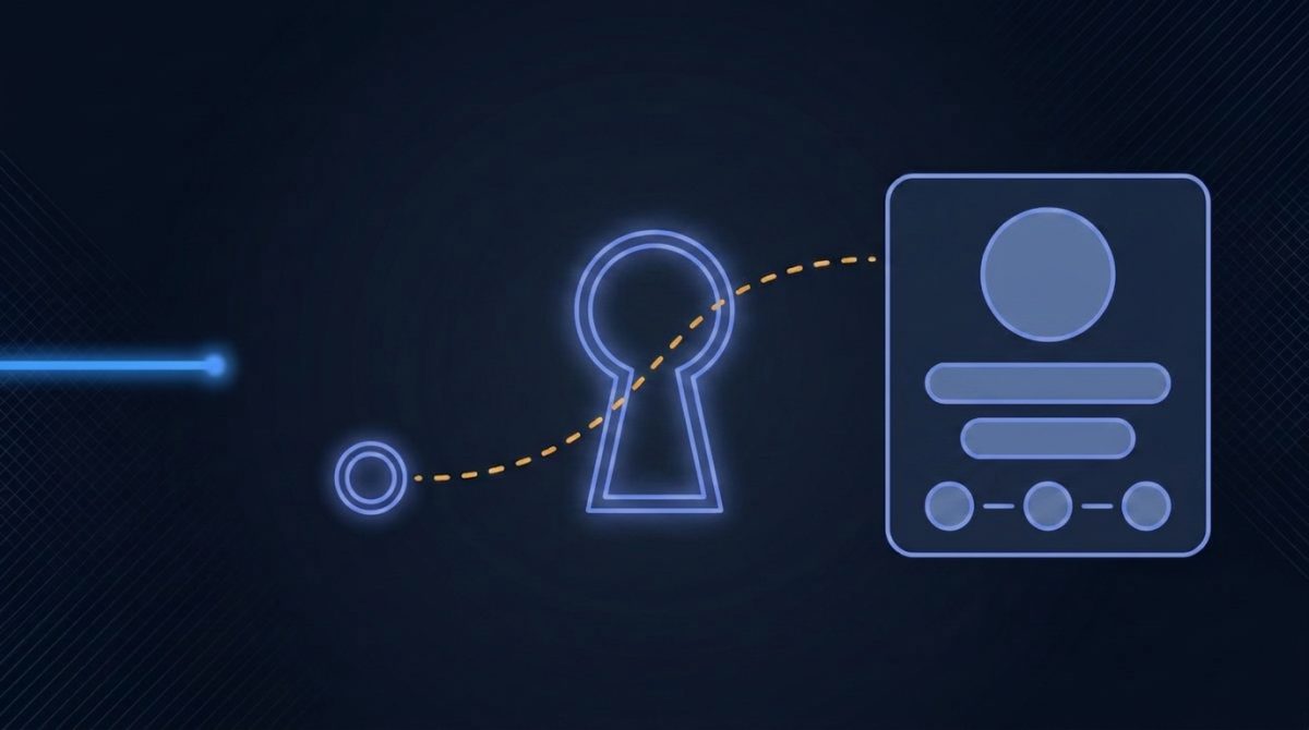 A dashed path leaving a small number ring, arcing through a wireframe keyhole and ending inside a panel showing a profile avatar above three linked contacts