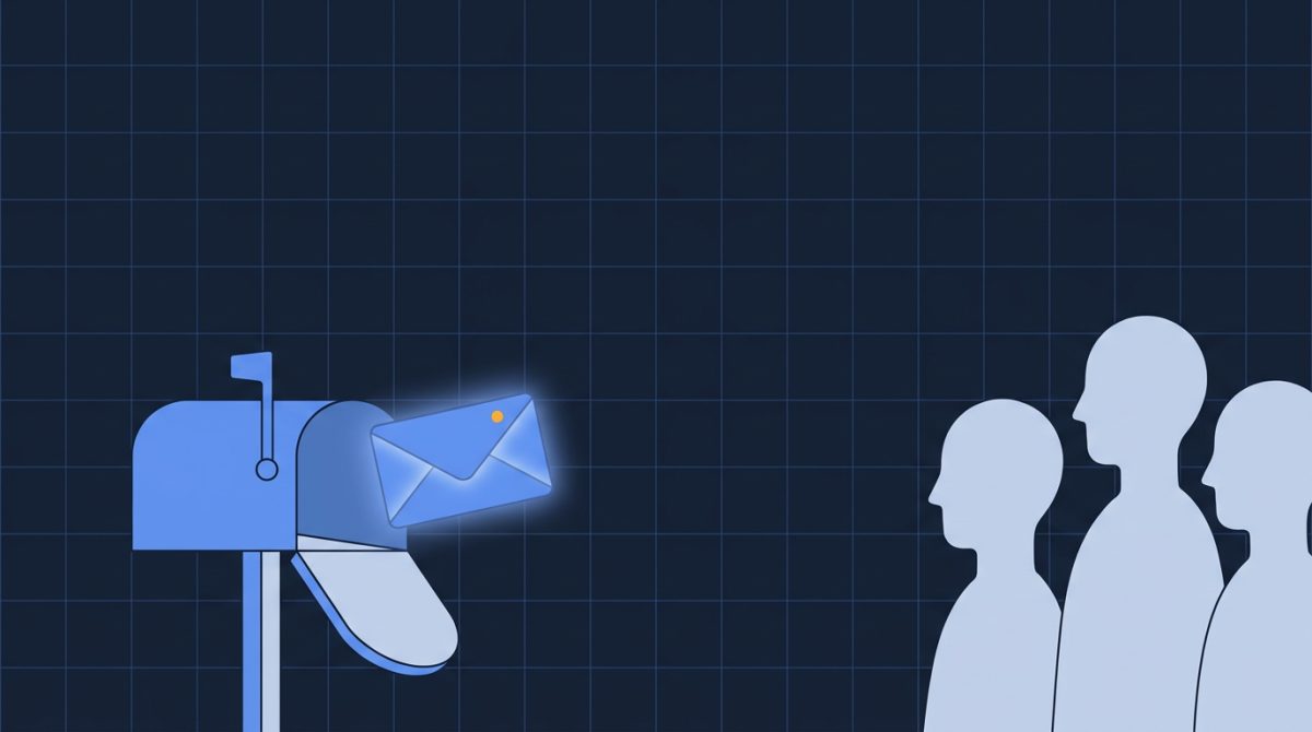 An open public letterbox with a single glowing envelope above it, and a row of faceless onlookers all turned towards the same envelope