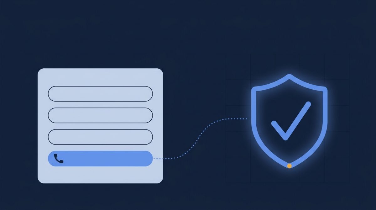 A sign-up form whose highlighted phone field is joined by a dotted line to a glowing shield holding a check mark