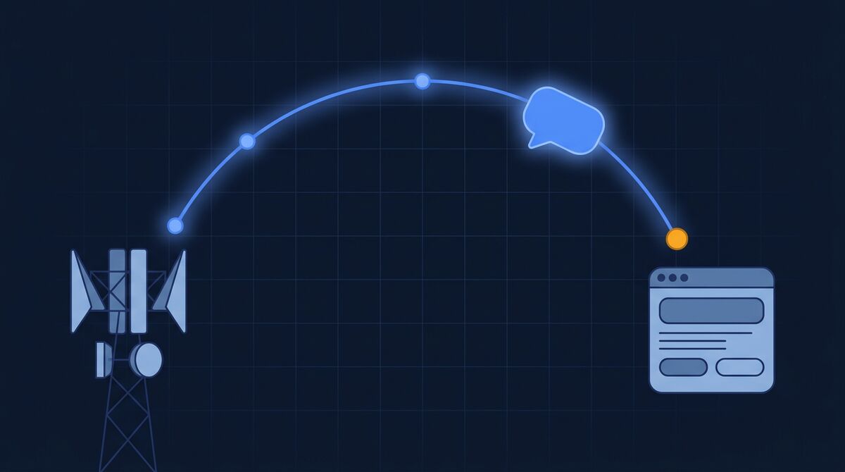 A message travelling along an arc from a mobile mast to an application window