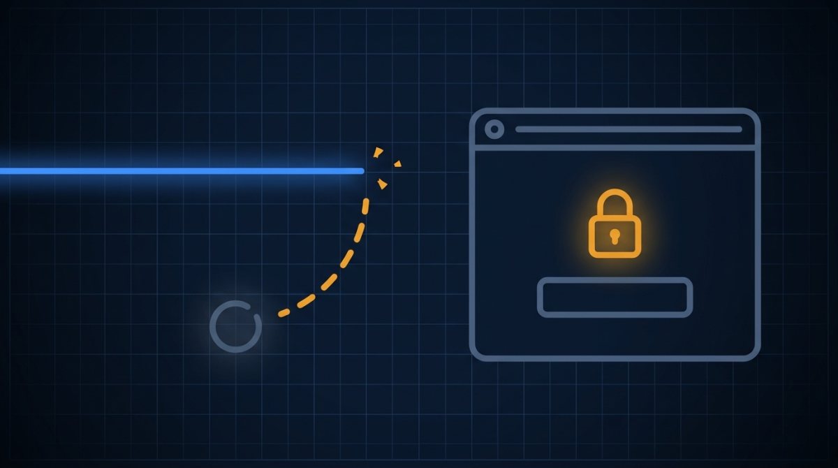 A severed signal line beside a locked application window, with a dashed path curving back to a dimmed, discarded number ring