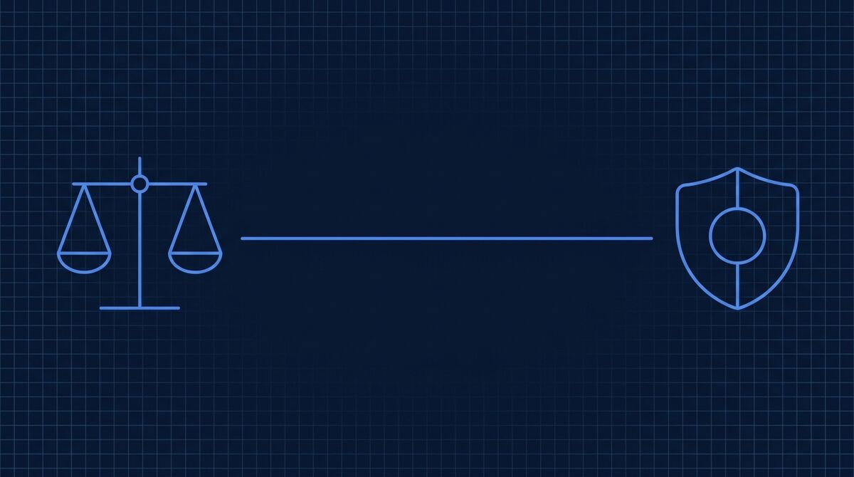 A balanced scale beside a shield on a dark technical grid