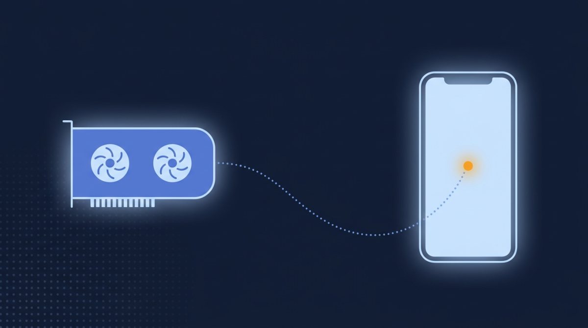 A dotted path leaving a glowing GPU card, curving across the frame and ending inside a phone panel at a single orange dot