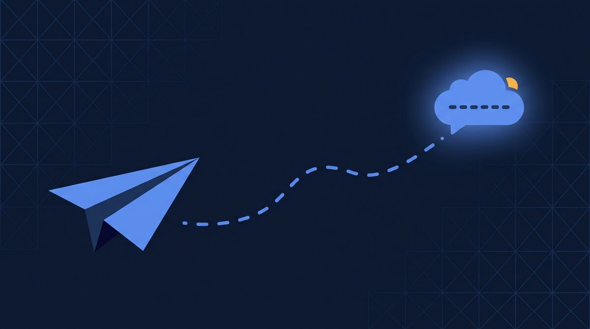 A paper plane following a dotted path towards a message bubble carrying a code