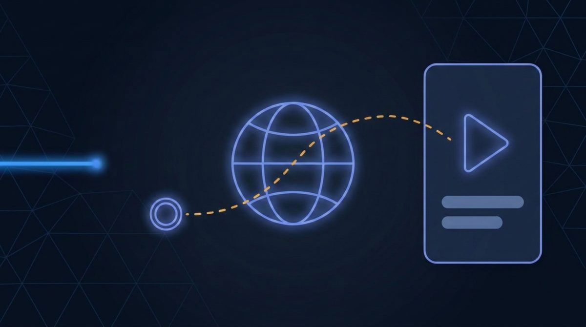 A dashed path leaving a small number ring, arcing through a wireframe globe and ending inside a phone panel marked with a play triangle