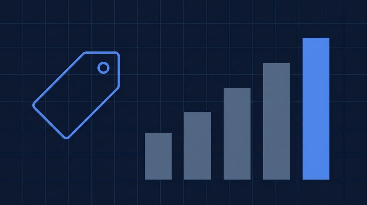 A price tag and a rising bar chart rendered as thin blue lines on dark navy