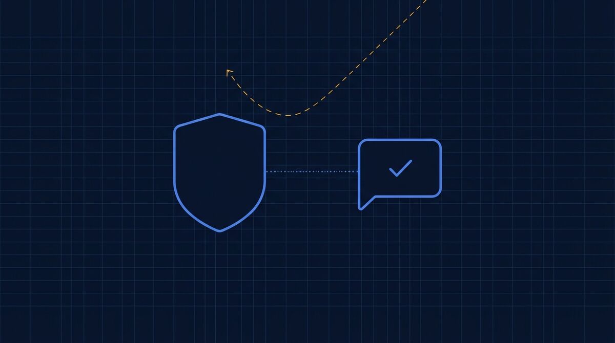 A shield beside a message bubble on a dark grid, with a verification tick