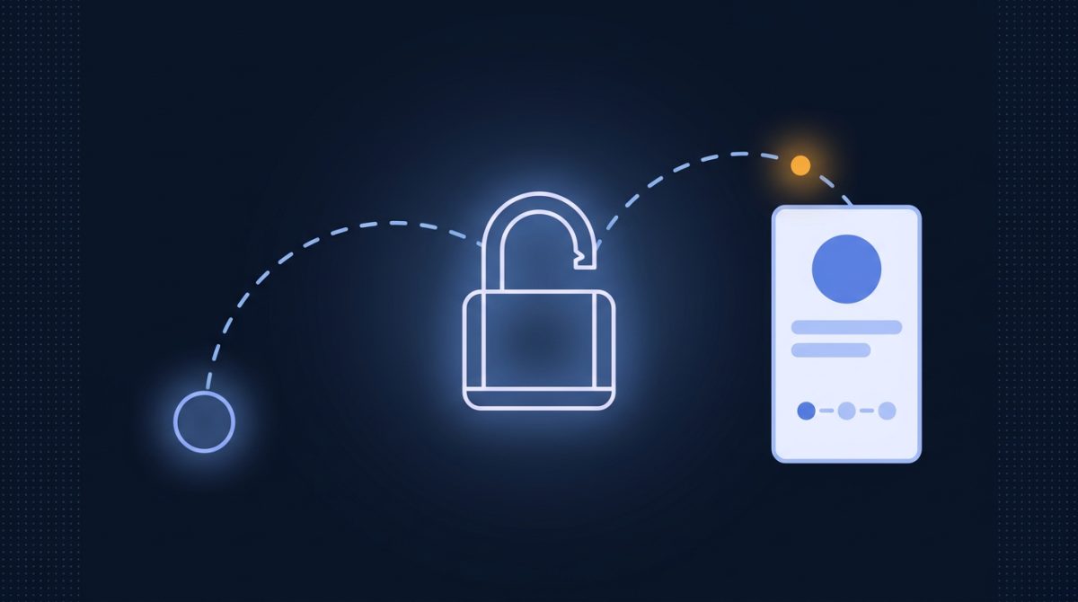 A dashed path leaving a small number ring, arcing through the open shackle of a wireframe padlock and ending inside a panel showing a short post